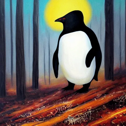 Prompt: penguin with a hat is looking at a burning forest which is sadly beautiful, dystopian oil painting