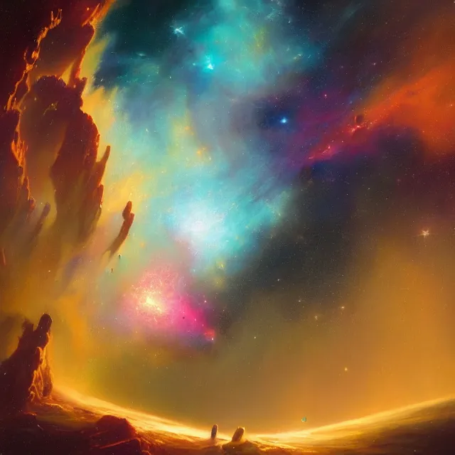 Prompt: a beautiful oil painting of a nebula in the universe by john harris and simon stalenhag and hubble space telescope and greg rutkowski and paul lehr. in style of oil on canvas. ultra realistic, hyper detailed. ray tracing. 4 k texture. deep sky photography. octane render. trending on artstation