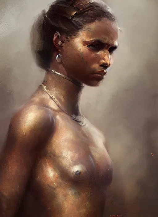 Image similar to A portrait of a warrior slave in the style of in the style of Greg Rutkowski, Charles Sillem Lidderdale, artstation, high quality art