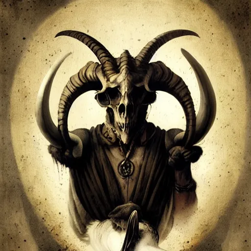 Prompt: baphomet with goat horns holding an animal skull, style of da vinci, horror, fantasy illustration, by greg rutkowski