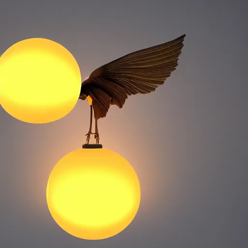 Prompt: 3 d octane render, glowing transparent yellow orb with white wings attached to it flying