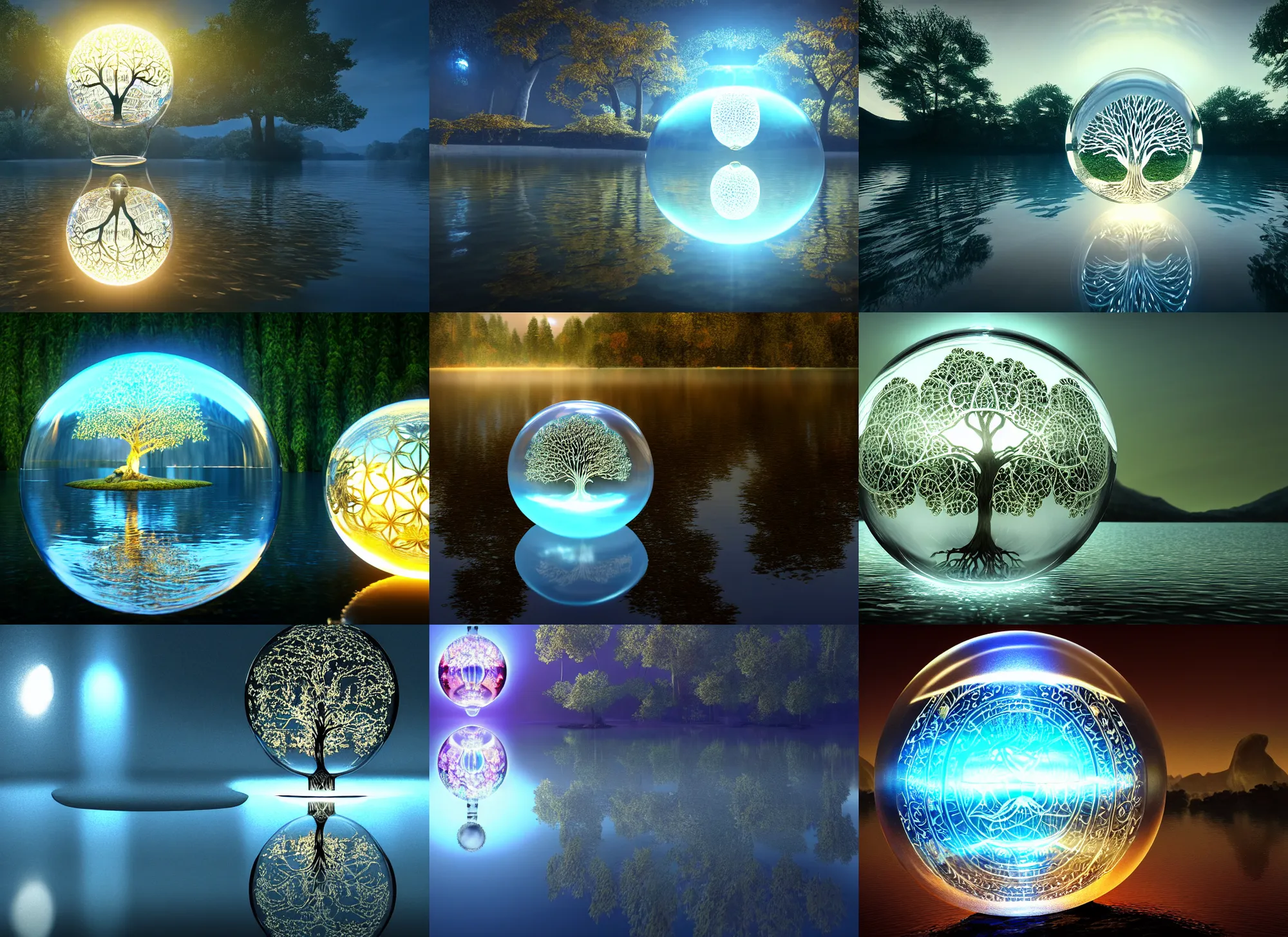 Prompt: glowing transparent crystal ball on a beautiful lake, radiant light, tree of life inside the ball, intricate details, reflections on the water, ripples, moody sky, hyperdetailed illustration by yuumei, by mark brooks, unreal engine 5, low light, artstation, rule of thirds