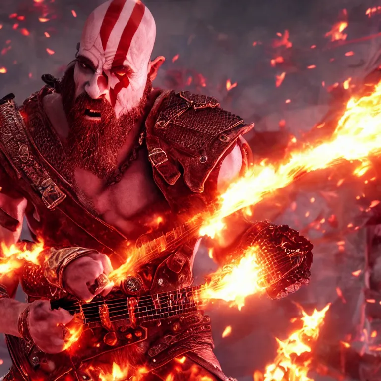 sunglasses wearing kratos rocking out on a flaming | Stable Diffusion ...