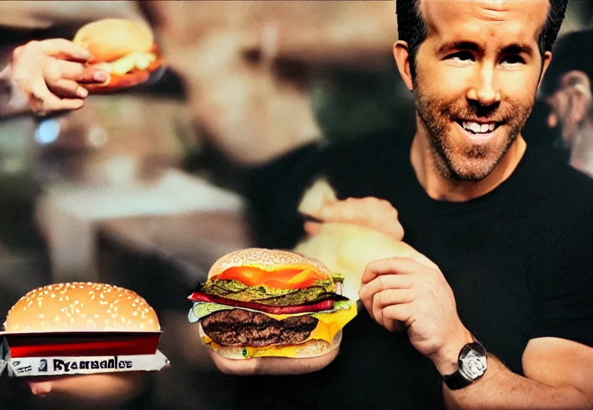 Prompt: a ultra realistic hyper realistic underexposed fujifilm 800 photograph of ryan reynolds being eaten by a burger