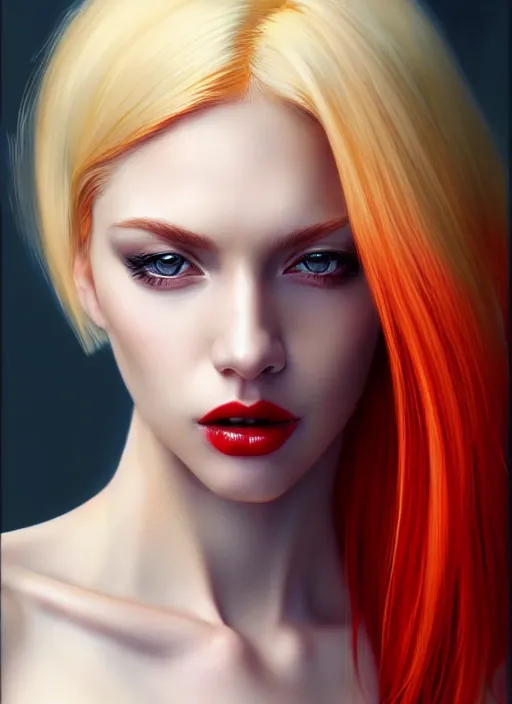 Image similar to photo of gorgeous woman with platinum blonde and red hair in the style of stefan kostic, realistic, half body shot, sharp focus, 8 k high definition, insanely detailed, intricate, elegant, art by stanley lau and artgerm, foggy backgeound