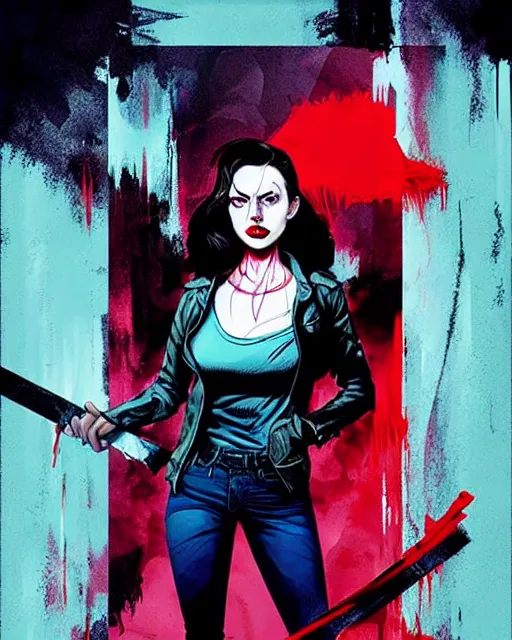 Prompt: Rafael Albuquerque comic cover art, loish, Sam yang, artgerm, Ross tran, pretty female Alison Brie serial killer holding bloody knife, blood on clothes and face, sarcastic smile, symmetrical eyes, symmetrical face, full body, jean jacket, jeans, short blonde hair, middle shot, highly saturated, deep blacks