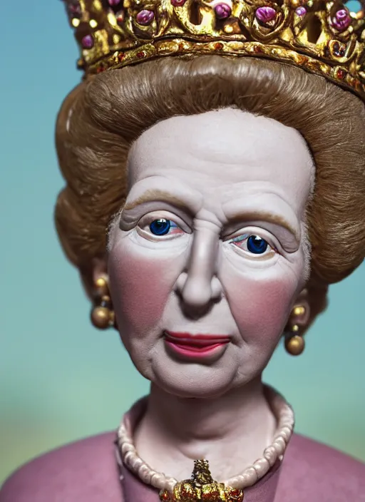 Image similar to closeup face profile portrait of tin toy margaret thatcher as a fairytale princess wearing a crown eating cakes, bikini, depth of field, zeiss lens, detailed, symmetrical, centered, fashion photoshoot, by nicoletta ceccoli, mark ryden, lostfish, breathtaking, 8 k resolution, extremely detailed, beautiful, establishing shot, artistic, hyperrealistic, octane render