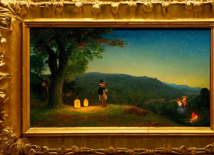 Image similar to american realist romanticism landscape painting of winnie the pooh characters at night, night time, colorful paper lanterns, in the style of hudson river school and thomas cole and albert bierstadt and robert duncanson and vincent van gogh