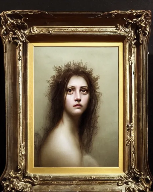 Prompt: a beautiful and eerie baroque painting of a gorgeous young woman from hawkshead, with wild hair and haunted eyes, 1 9 7 0 s, woodland, afternoon light, delicate embellishments, painterly