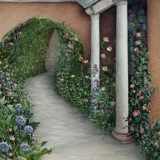 Image similar to delicate boundary walls coastline garden on paper, spirals, stony, floating, puffy, vines, botanical herbarium, botanic watercolors, iridescent, 8 k wide angle, realistic shaded, fine details, artstation, italian, rainbow, colonnade, oak, pinecone, pomegranade, vines, gardena architecture, pompeian, sicilian