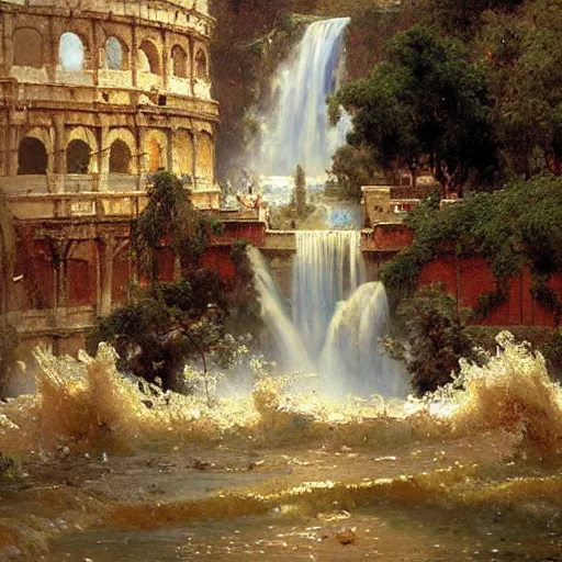 Image similar to waterfall flooding an entire city of rome. highly detailed painting by gaston bussiere, craig mullins, j. c. leyendecker