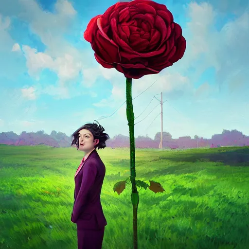 Image similar to portrait, giant rose flower head, girl in a suit, surreal photography, sunrise, blue sky, dramatic light, impressionist painting, digital painting, artstation, simon stalenhag