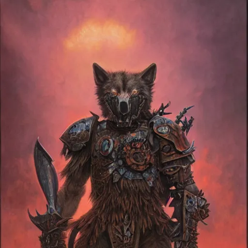 Prompt: anthropomorphic wolf, skullknight armor, metal fangs, fantasy 3 d render, masterpiece, red aura, by donato giancola and greg rutkowski and wayne barlow and zdzisław beksinski, realistic face