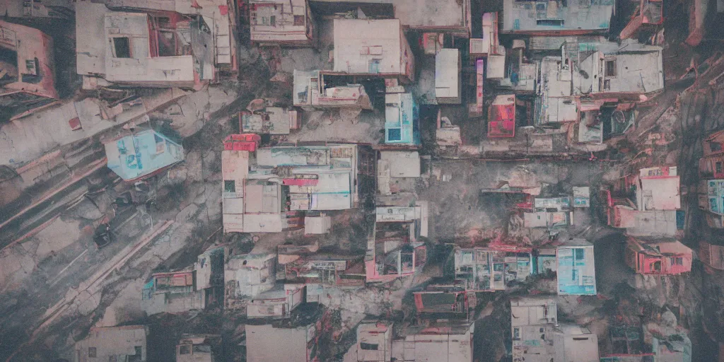 Prompt: weathered analog photo of abandoned city streets seen from above, high perspective, drone footage, polaroid, russian architecture, concrete, azure tones, fog, mist, lensflare, neon lights, red lasers, depth of field, color bleed, heavy film grain