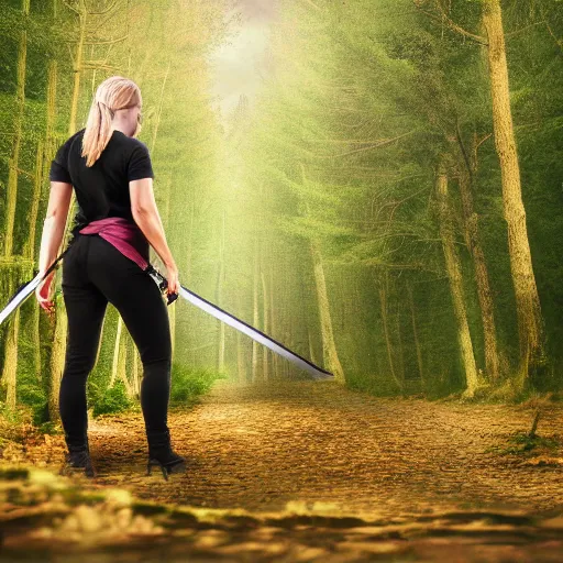 Prompt: Woman cuts timeline with sword in foreground, cinematic shot from back view, camera following a woman on a path through a forest, blackhole, 4K