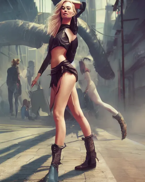 Image similar to full body shot of margot robbie by wlop, rossdraws, mingchen shen, arney freytag, artstation, fantasy photoshoot, urban jungle, fashion pose, octane, 4k