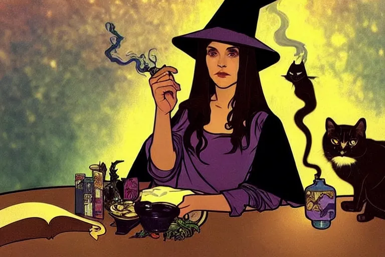 Image similar to close up portrait, dramatic lighting, concentration, calm confident teen witch and her cat, tarot cards displayed on the table in front of her, sage smoke, magic wand, a witch hat and cape, apothecary shelves in the background, alphonse mucha