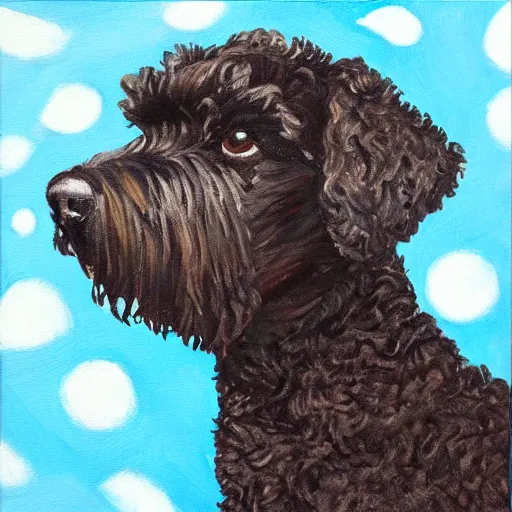 Prompt: a small black labradoodle in space chasing the planet earth. award - winning. oil painting. funny. profile view.