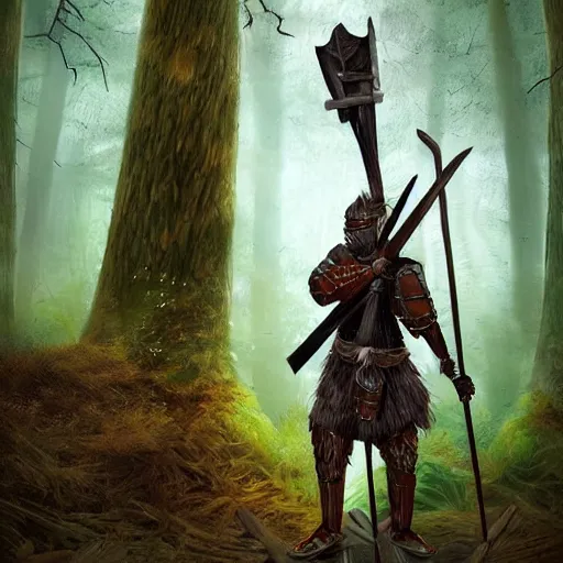 Prompt: digital art of a woodland knight made of wood holding a giant club, in a dark forest, digital art, high quality render, artstation, 8 k, photograph quality, ultrahd, in the style of dungeons and dragons