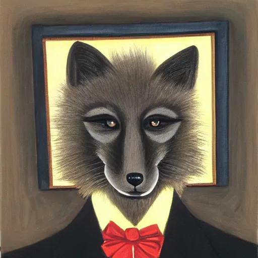 Image similar to portrait of a male anthro anthropomorphic black fox furry fursona with hands on eyes, wearing a suit, 1 9 7 0 s oil on canvas painting, by famous artist jylon denja