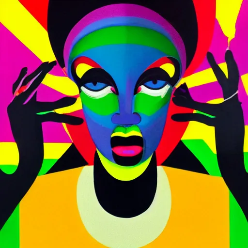 Image similar to closeup portrait of a black woman with yellow eyes and a rainbow background, gouache painting by tomokazu matsuyama, by ed paschke, by agnes pelton, by patrick nagel, behance contest winner, generative art, irridescent, holography, neon, dark art, retrowave, grain, androgynous, black background