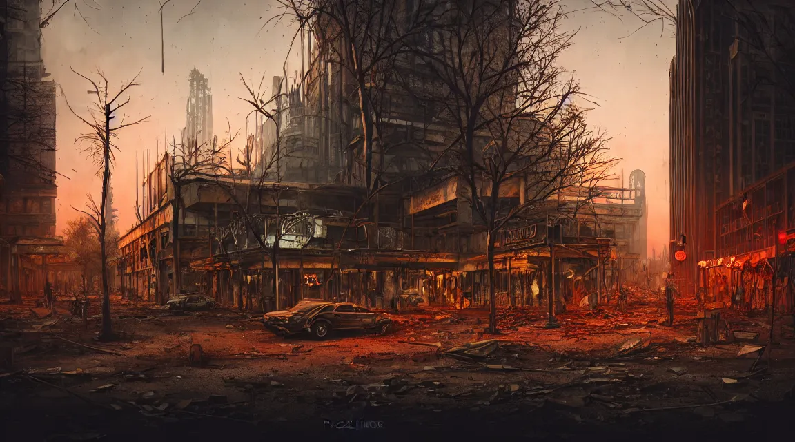 Image similar to post apocalyptic city fair building, dusk, building, avenue, americana architecture, by pascal blanche, neil blevins, apocalyptic color palette, trending on artstation, photorealistic, wilderness ambiance, ultra detailed, high definition, depth of field, bokeh, rubble, nature overgrowth, blood stains, building crumbling