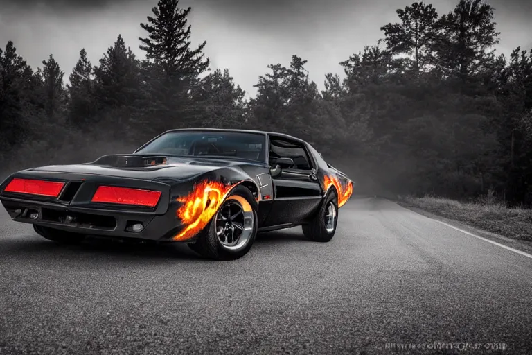 Image similar to pontiac firebird trans - am with black paint, sunrise, eerie light, fireflies, dog watching the car, dramatic, cinematic, forest, horror, sunbeams, volumetric lighting, wide shot, low angle, lightning storm hitting the car, ground cracking open to reveal a portal to hell