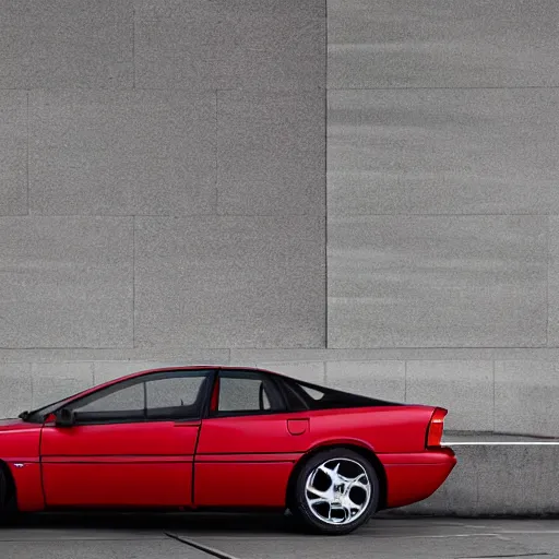 Prompt: A hypercar designed and produced by Volvo, with 1995 Volvo 480 design elements, in crimson red, promotional photo