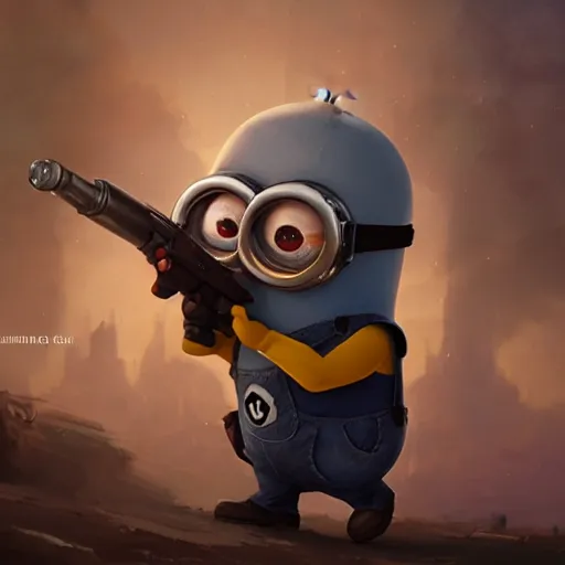 Image similar to cute minion holding a rocket launcher, illustrated by greg rutkowski and gaston bussiere, serious lighting, dramatic amtosphere, war - art style, photorealistic imagery, trending on artstation, 4 k, 8 k