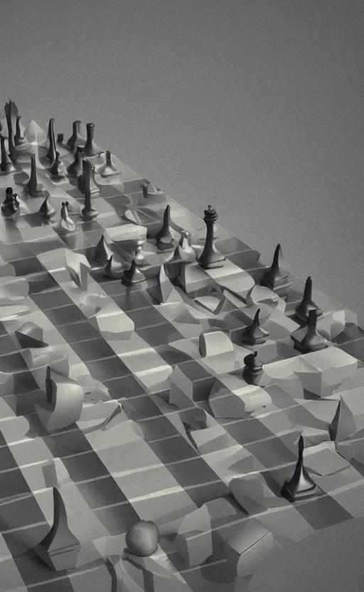 Image similar to surreal dali chess landscape, volumetric lighting, early morning, 3d liminal grainy surreal aesthetic illustration, highly detailed, soft render