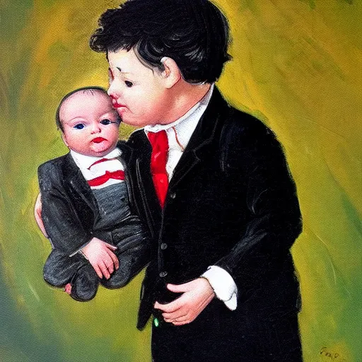 Image similar to the conductor of an orchestra but the conductor is a baby, illustration, oil painting, masterpiece.