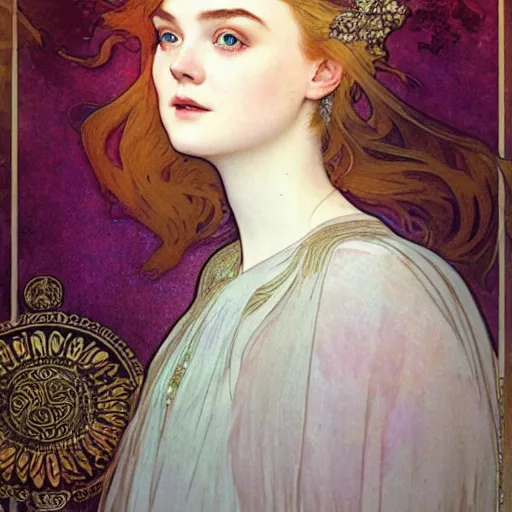 Prompt: elle fanning portrait by louis - theophile hingre and alphonse mucha, realistic, sharp focus, zodiac signs, tarot cards, planets, ethereal, art nouveau, magic, moon, sun, crown, dreamy, royal, jewellery