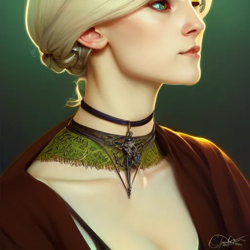 Image similar to Portrait of seductive female priest, D&D, green eyes, choker on neck, long blonde hair, slight nerdy smile, fantasy, intricate, elegant, highly detailed, digital painting, artstation, concept art, smooth, sharp focus, illustration, art by artgerm and greg rutkowski and alphonse mucha