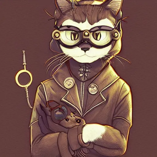 Image similar to a cat with steampunk googles, by ROSS tran, studio ghibli inspired