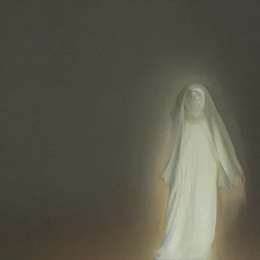 Prompt: A painting of a figure in a white robe, with a glowing aura and a peaceful expression, in a ethereal style.