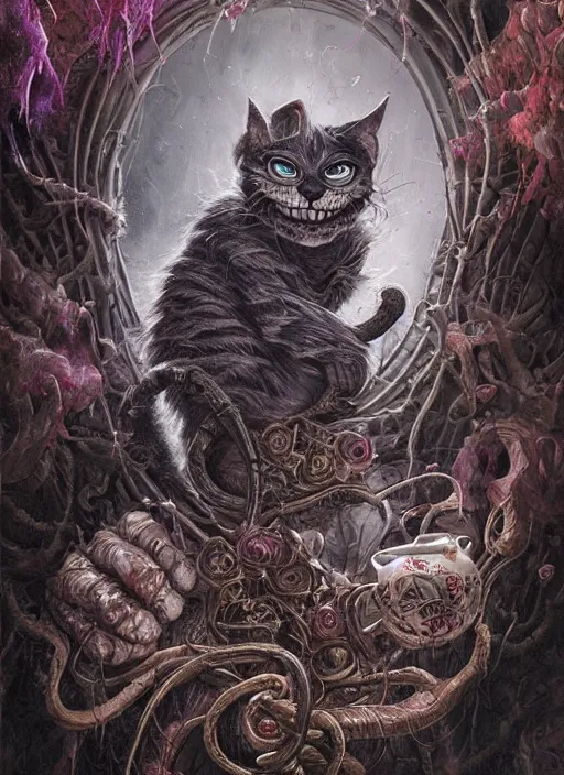 Image similar to Cheshire Cat drinking tea, Death Tarot card,highly detailed,half skull face,cinematic,8k,by Stanley Artgermm,Tom Bagshaw,Greg Rutkowski,Carne Griffiths, Ayami Kojima, Beksinski, Giger,trending on DeviantArt,hyper detailed,horror, full of colour