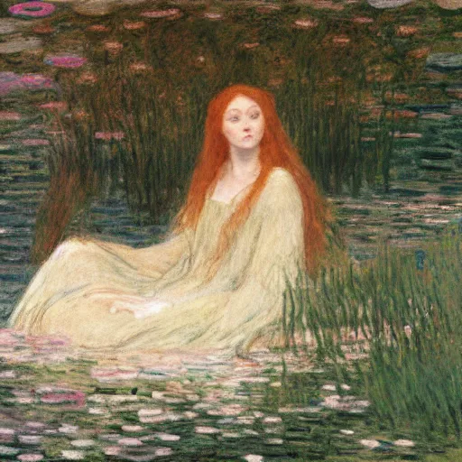 Image similar to ophelia laying partially submerged in water floating down the river amongst the reeds fully covered in robes and lake foliage weeds reeds fully clothed in flowing medieval robes by rosetti and monet, 8 k