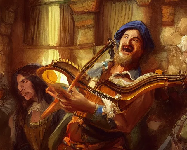 Prompt: a bard playing a lute in a full tavern, color dnd illustration, in the style of Marc Simonetti and James Gurney, trending on artstation, wide angle, cinematic lightning