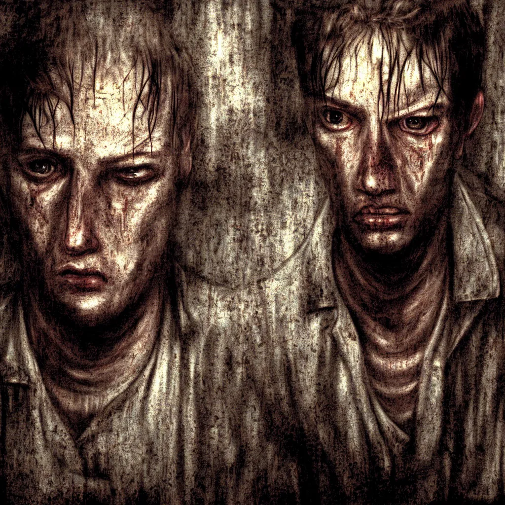 Prompt: A close-up portrait of James Sunderland from Silent Hill 2 in a dimly lit abandoned apartment, digital art, moody, art by Masahiro Ito