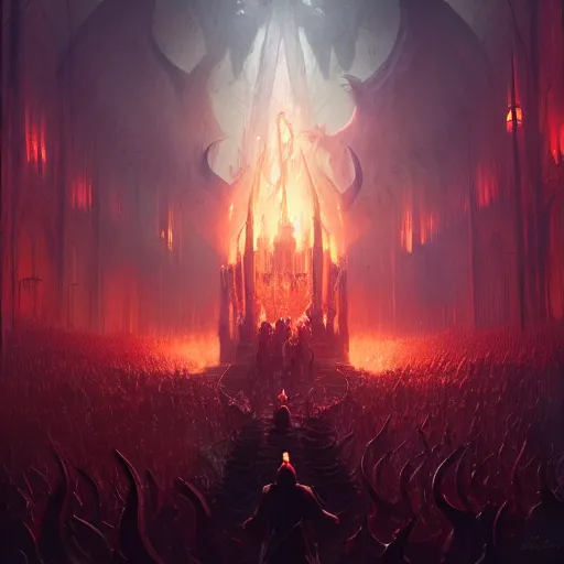 Image similar to pat robertson in hell lording over his army of demons, greg rutkowski, trending on artstation, 8 k