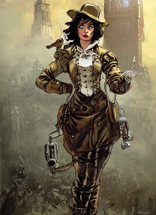 Prompt: maria. steampunk adventurer in khaki gear with leather pouch belts. victorian bioshock infinite concept art by mœbius and sherree valentine daines. victorion era london fog.