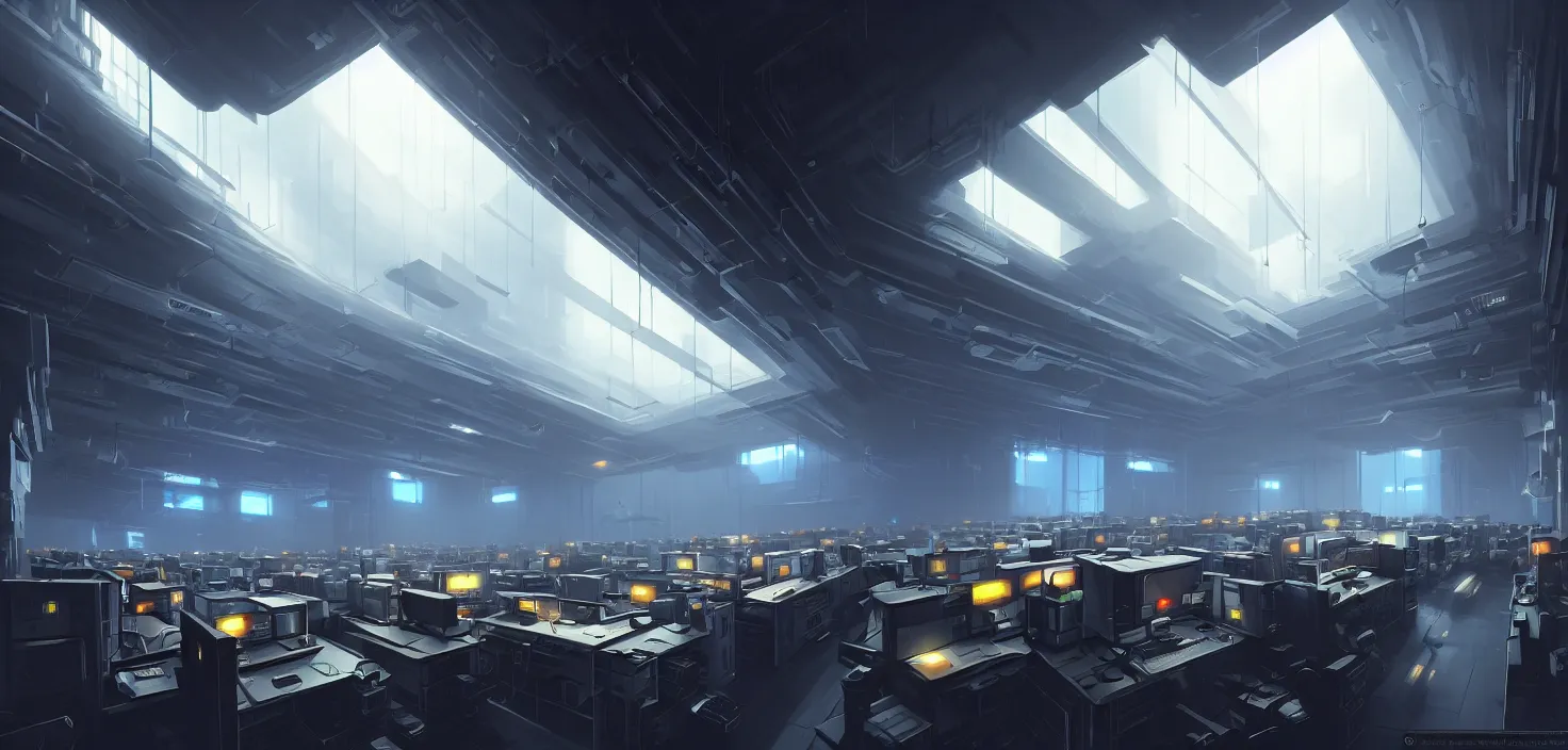 Prompt: computers, wired in, in a highly detailed server room with computers everywhere, cinematic view, epic sky, detailed, concept art, low angle, high detail, warm lighting, volumetric, godrays, vivid, beautiful, trending on artstation, by jordan grimmer, huge scene, art greg rutkowski