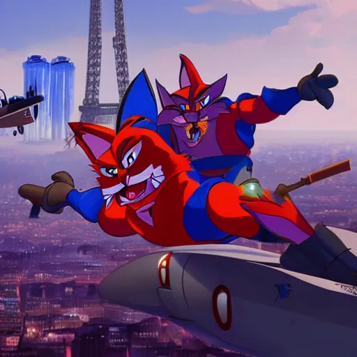 Image similar to swat kats of tbone and razor, in their plane, with eiffel tower visible in background, extremely detailed, imax movie still