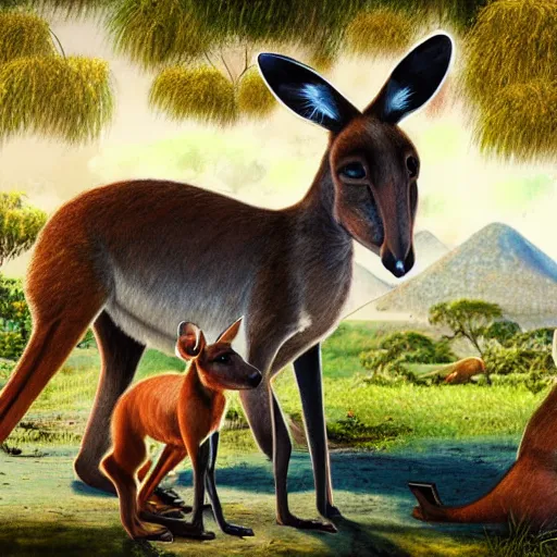 Image similar to a Muscular kangaroo and a Chinese rural dog look at each other, blue sky, garden, highly detailed, digital painting, concept art, sharp focus