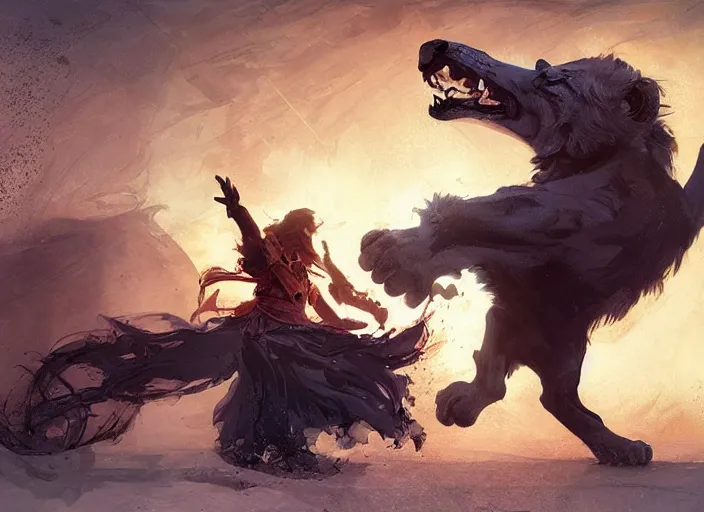 Prompt: a sorcerer shooting energy against a lion, elegant, digital painting, concept art, smooth, sharp focus, illustration, from d & d by ruan jia and mandy jurgens and artgerm and william - adolphe bouguerea