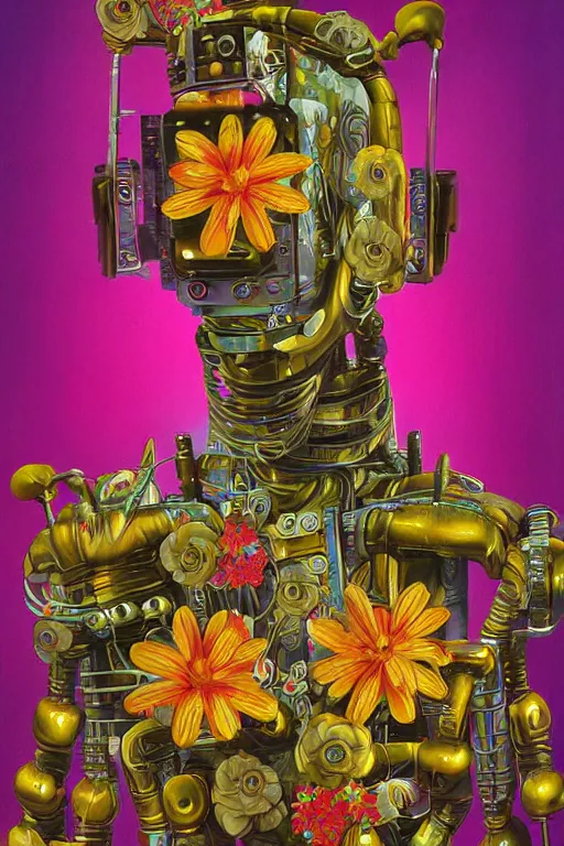 Prompt: a digital painting of a robot with flowers, 1965 character portrait by Vladimir Tretchikoff, cgsociety, panfuturism, made of flowers, dystopian art, vaporwave