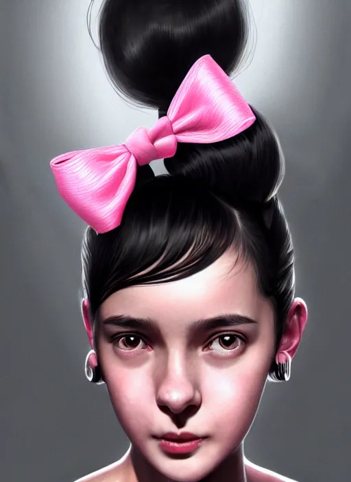 Image similar to portrait of teenage girl, realistic, black hair, bangs, half updo hairstyle, pointy nose, skinny, smile, ugly, defined jawline, big chin, pink hair bow, earrings, intricate, elegant, glowing lights, highly detailed, digital painting, artstation, sharp focus, illustration, art by wlop, mars ravelo and greg rutkowski