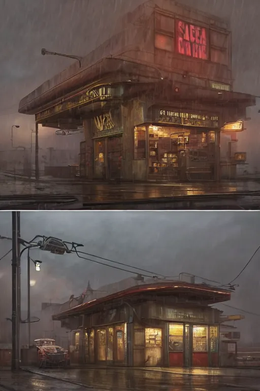 Image similar to a highly detailed matte painting of a soviet steampunk gas station in lightning storm and heavy rain by studio ghibli, makoto shinkai, by artgerm, by wlop, by greg rutkowski, volumetric lighting, octane render, 4 k resolution, trending on artstation, masterpiece