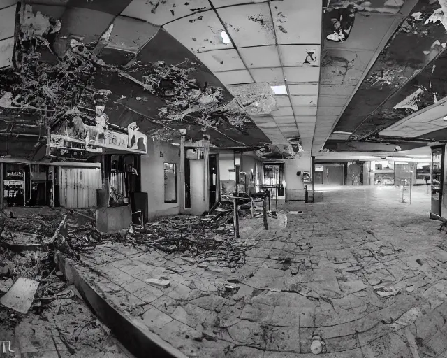 Prompt: camera footage of a Several Feral Black Wolves with severe late stage rabies in an abandoned shopping mall, high exposure, dark, monochrome, camera, grainy, CCTV, security camera footage, timestamp, zoomed in, Creepy, Feral, fish-eye lens, Rabid, Dire Wolf, Nightmare Fuel, Wolf, Evil, Stalking, Bite, Motion Blur, horrifying, lunging at camera :4
