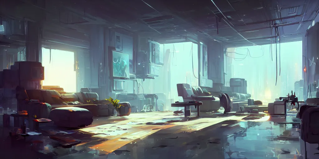 Prompt: a modern studio with paintings painted by pascal campion, octane render, unreal engine 6, epic game graphics, fantasy, cyberpunk, conceptual art, ray tracing